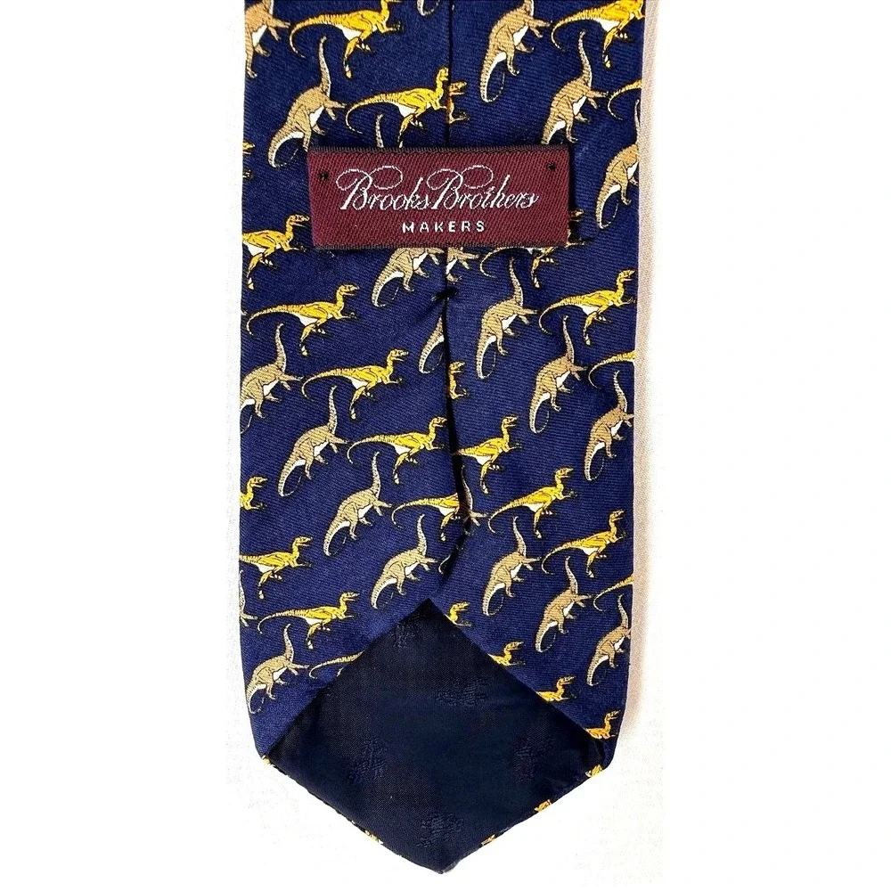 Brooks Brothers Pure Silk Dinosaur Necktie Navy Gold Preppy Novelty Old Money‎